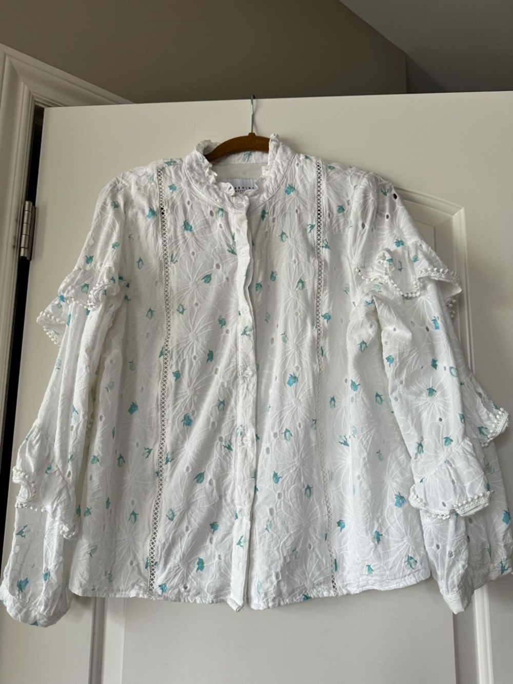 The Shirt by Rochelle Behrens White Eyelet Blouse with Teal Floral Embroidery